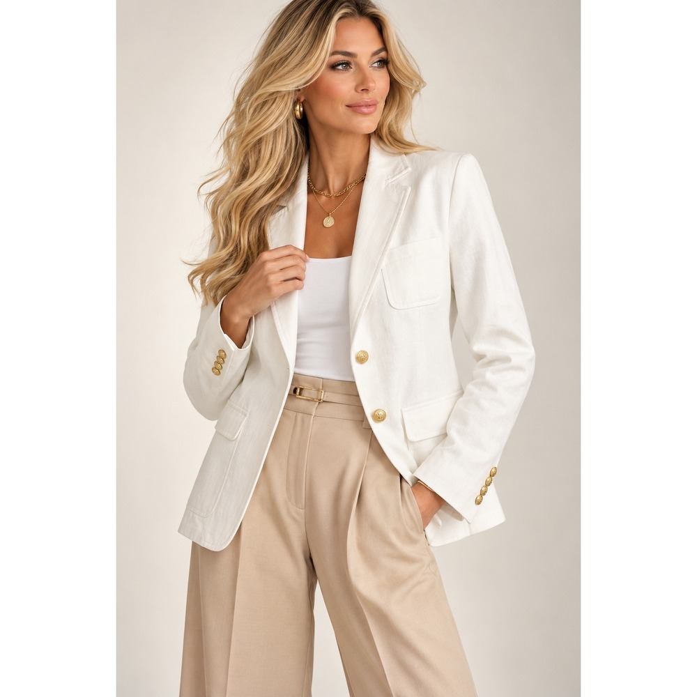 J.Crew Women's 12T White 100% Linen Blazer Gold Buttons Classic Tailored Jacket